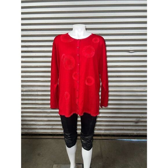 Maddi cardigan career red bead design long sleeve button up size 1x - Picture 2 of 8